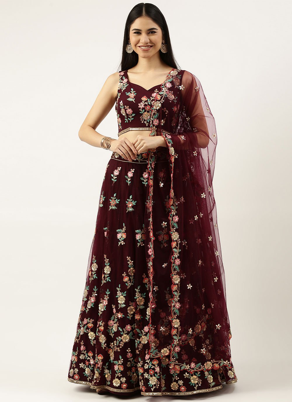 Lehenga Choli Net Maroon Embroidered Lehenga Choli