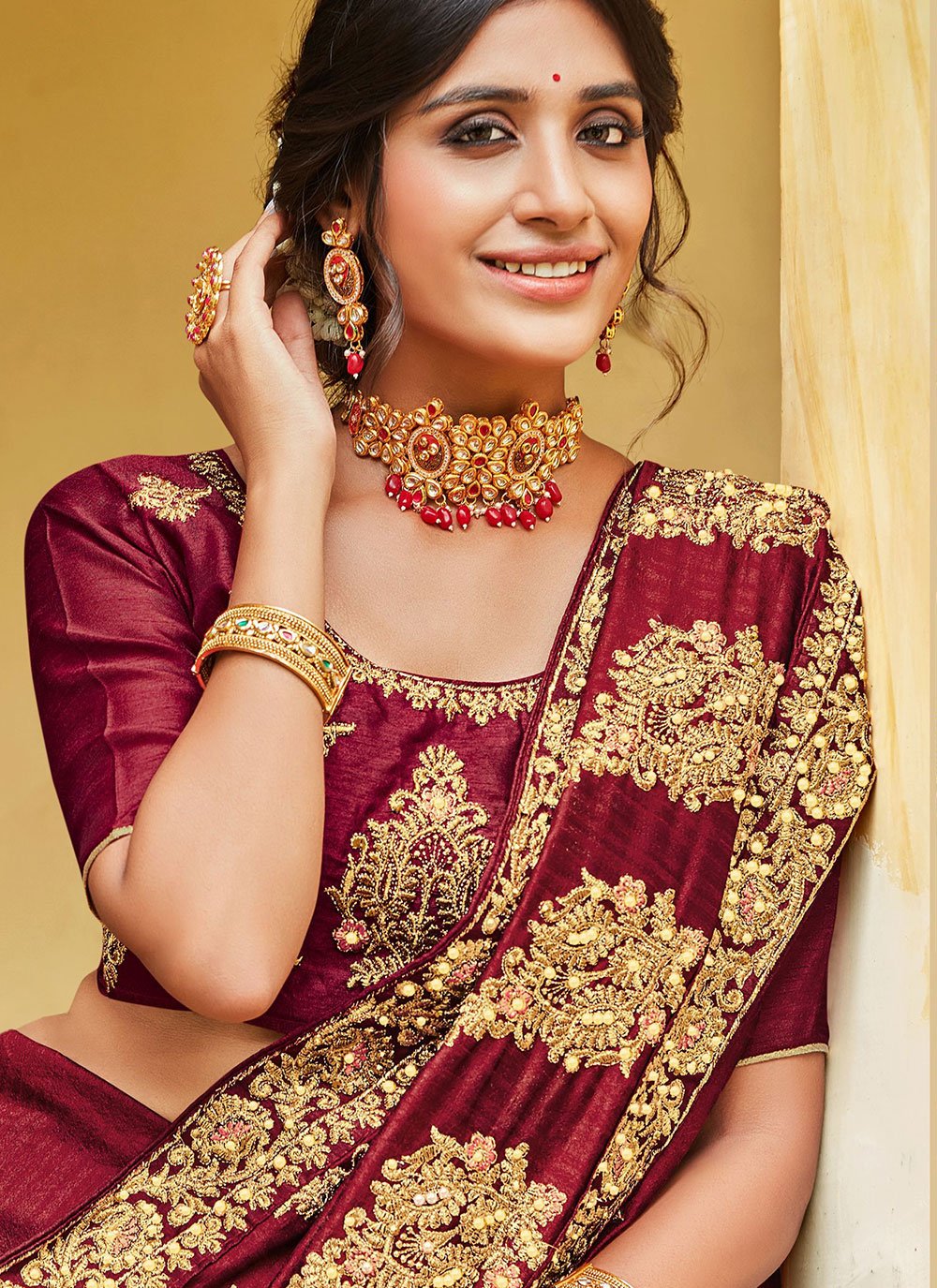 Classic Vichitra Silk Maroon Diamond Saree