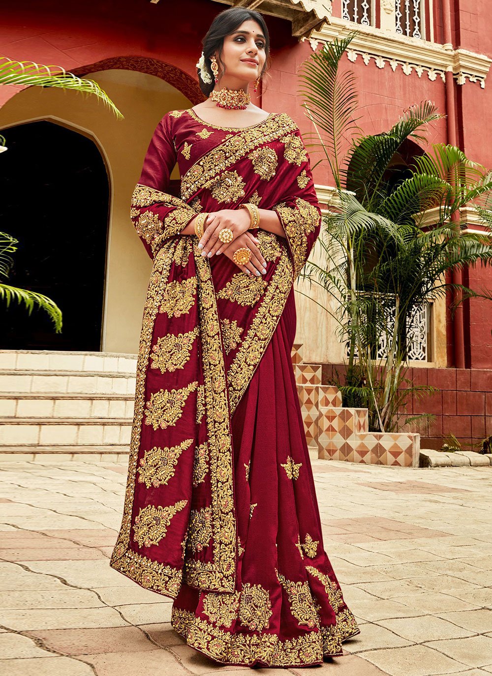 Classic Vichitra Silk Maroon Diamond Saree