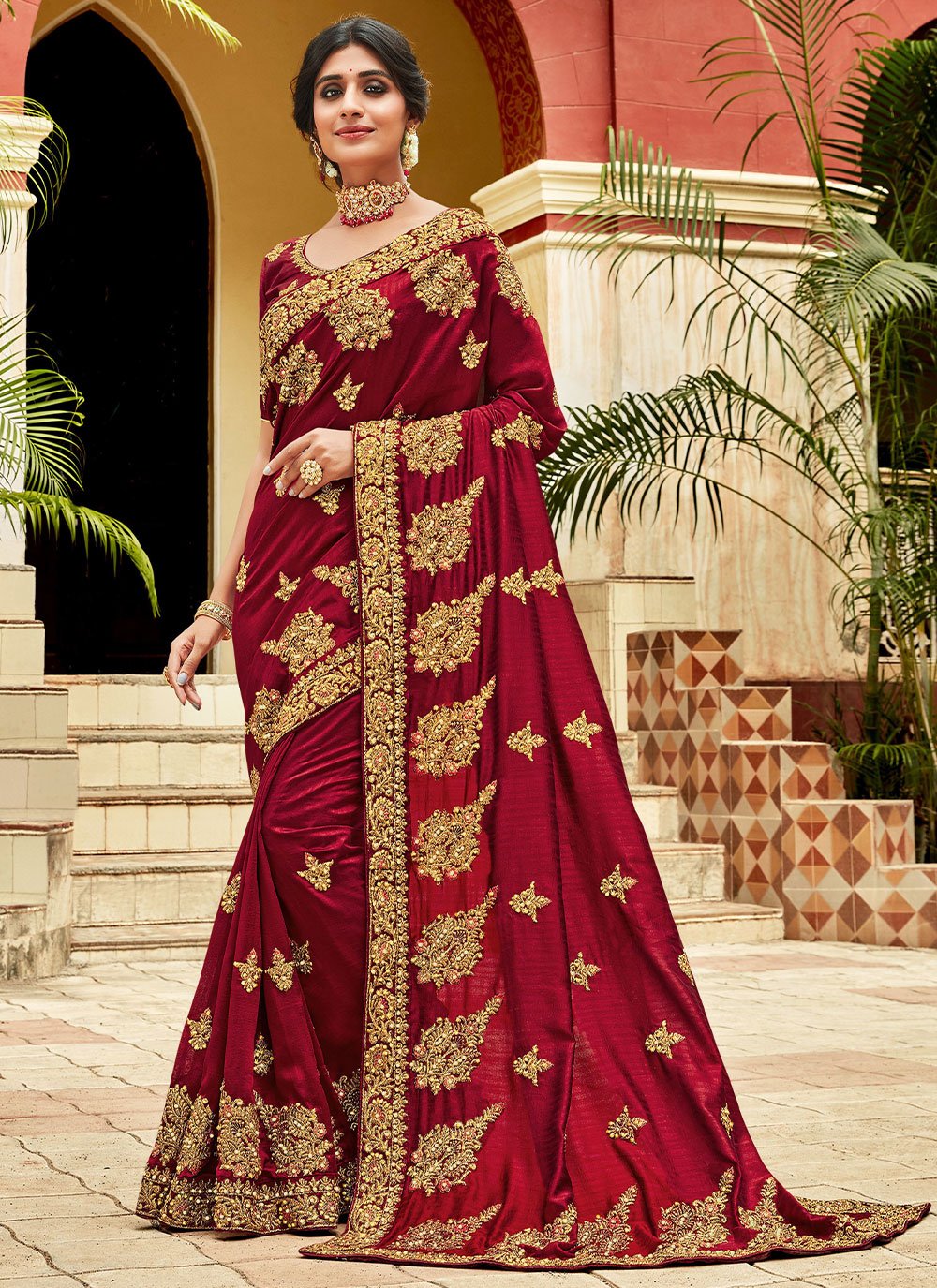 Classic Vichitra Silk Maroon Diamond Saree