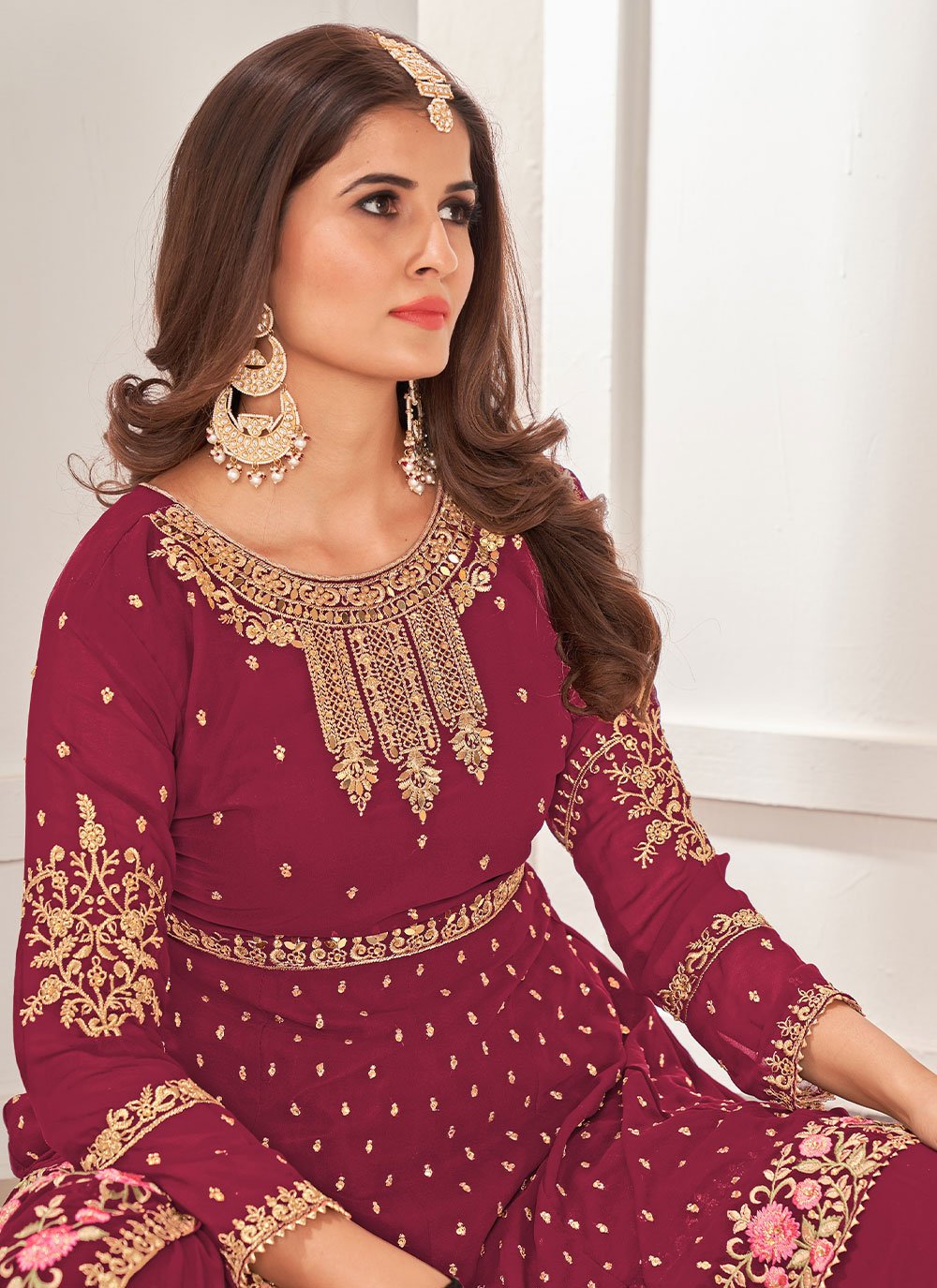 Palazzo Salwar Suit Faux Georgette Maroon Embroidered Salwar Kameez