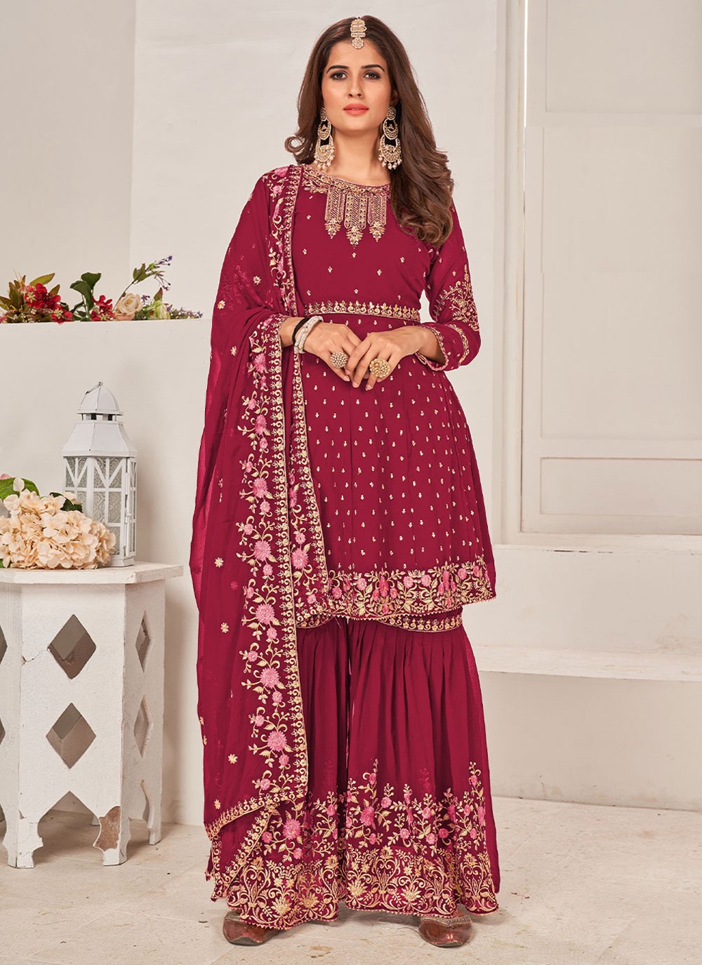 Palazzo Salwar Suit Faux Georgette Maroon Embroidered Salwar Kameez