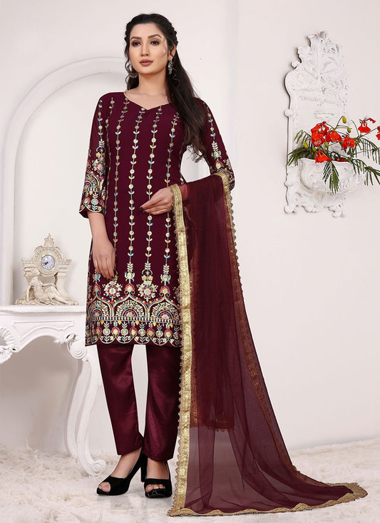 Straight Salwar Suit Faux Georgette Maroon Embroidered Salwar Kameez