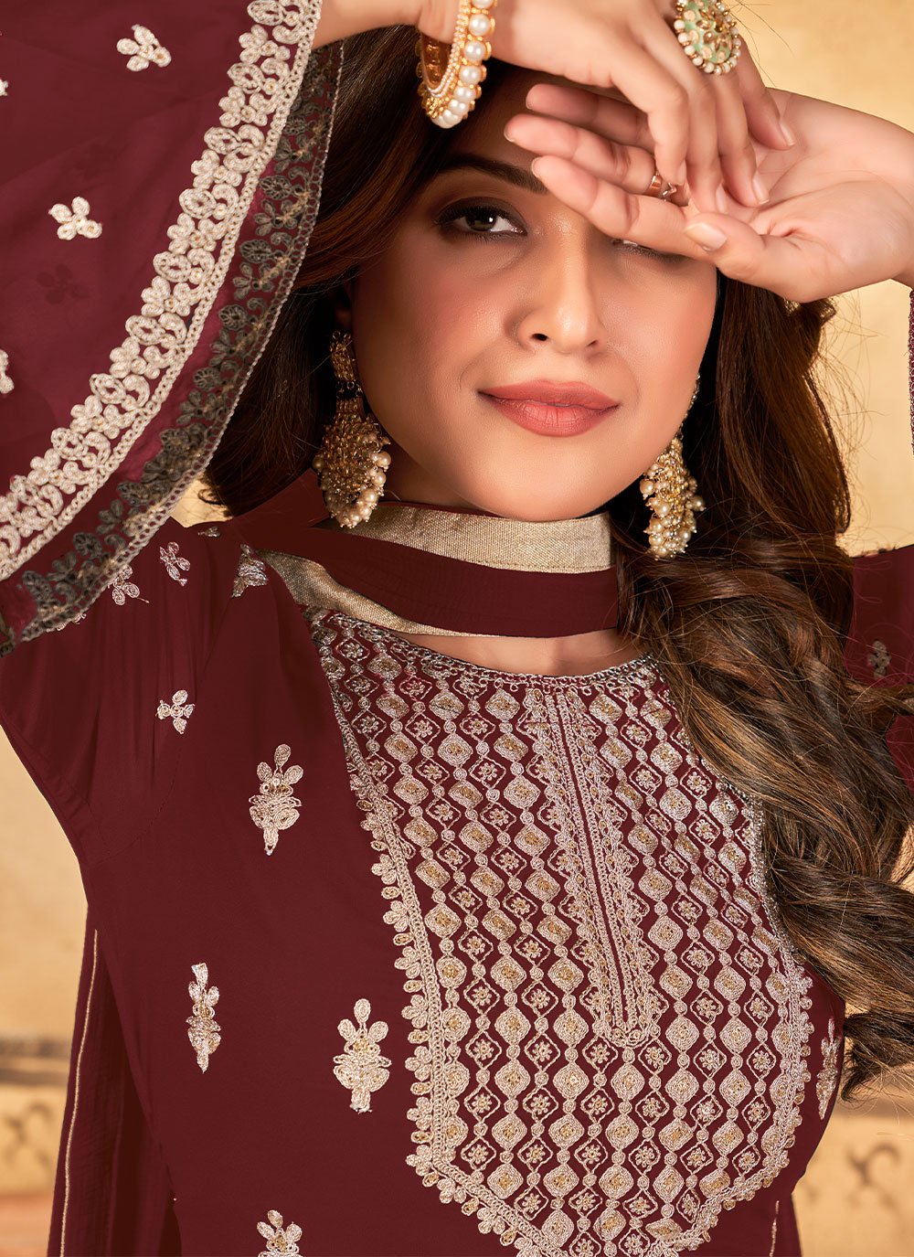 Salwar Suit Faux Georgette Maroon Embroidered Salwar Kameez