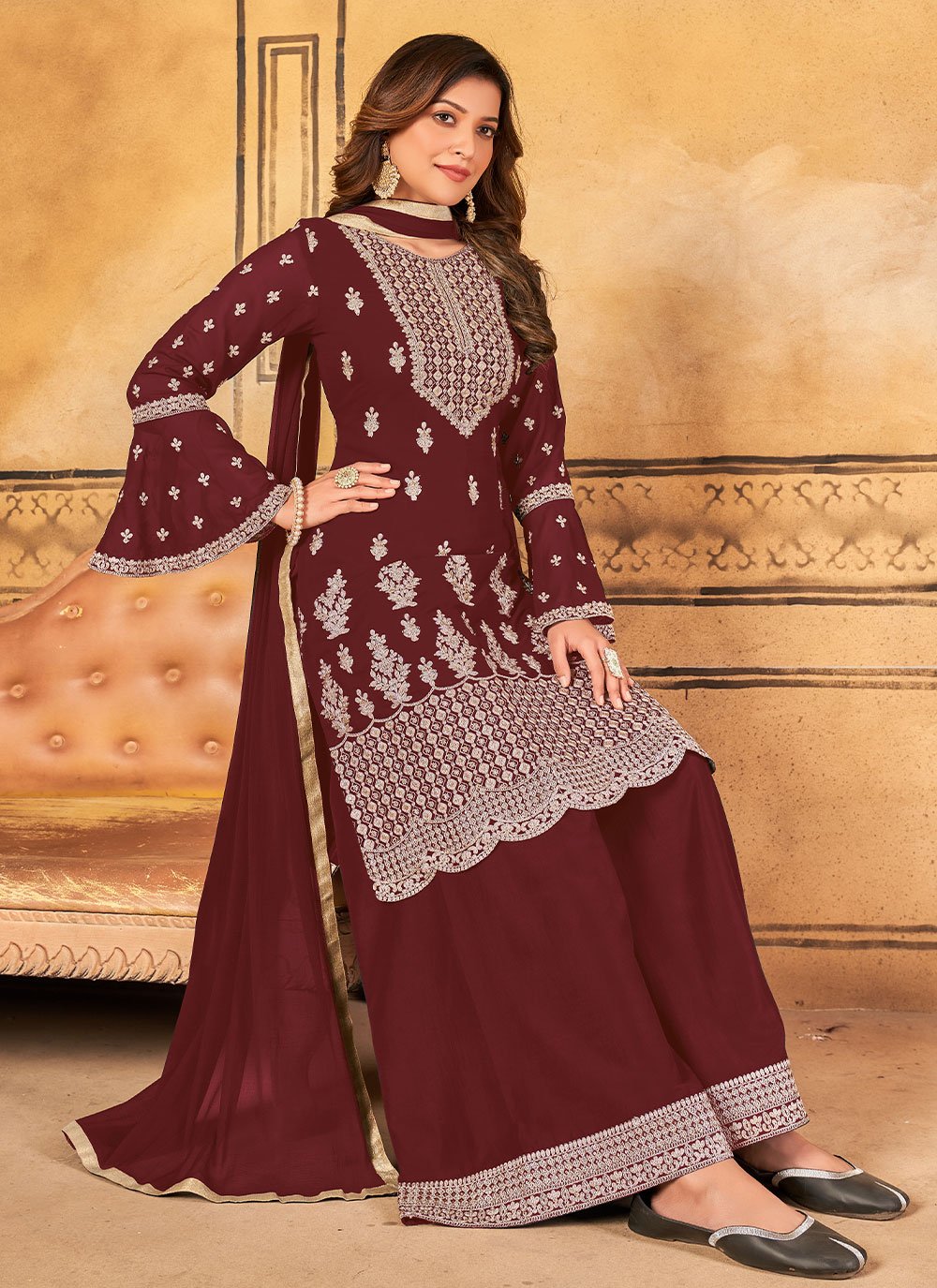 Salwar Suit Faux Georgette Maroon Embroidered Salwar Kameez