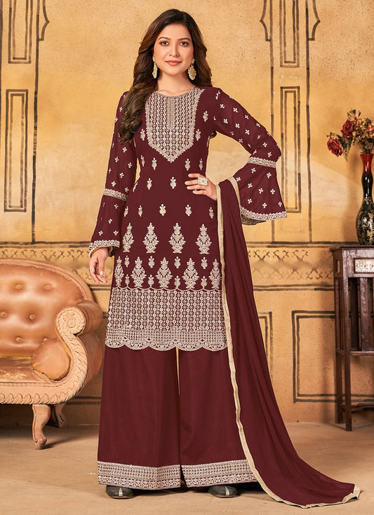 Salwar Suit Faux Georgette Maroon Embroidered Salwar Kameez