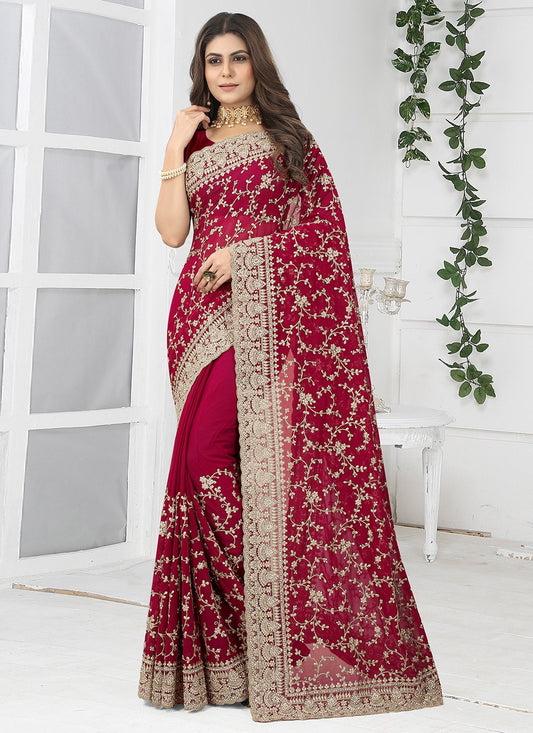 Designer Georgette Maroon Embroidered Saree