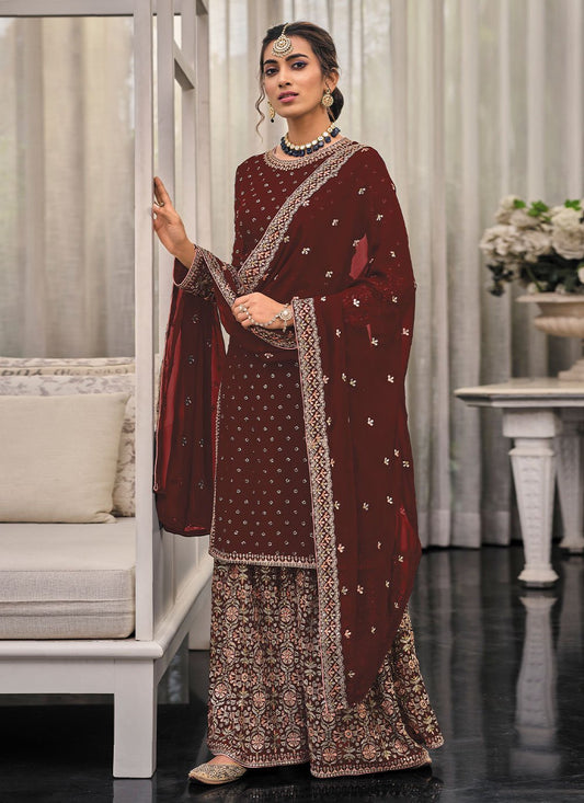 Salwar Suit Georgette Maroon Embroidered Salwar Kameez