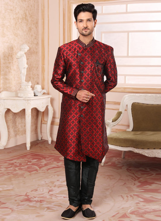 Indo Western Jacquard Maroon Embroidered Mens