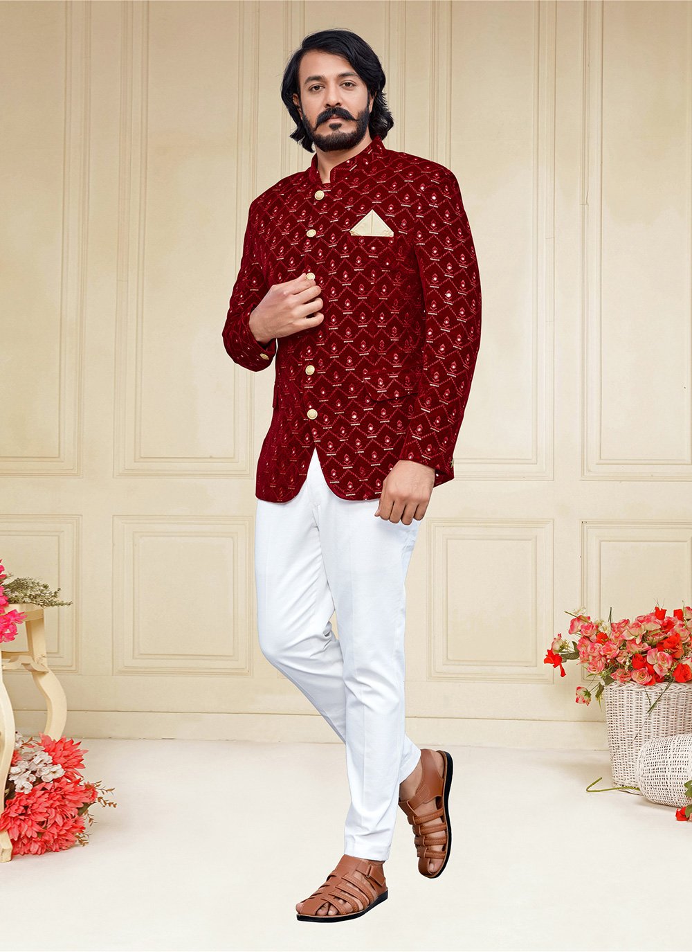 Jodhpuri Suit Velvet Maroon Embroidered Mens