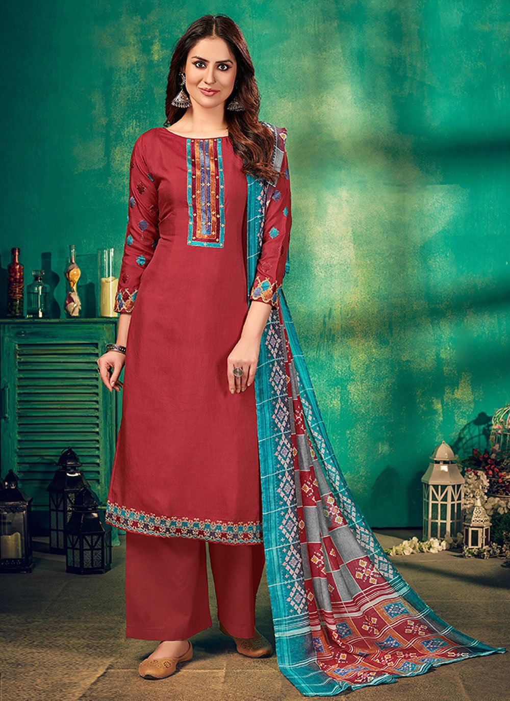 Pakistani Salwar Suit Muslin Maroon Embroidered Salwar Kameez