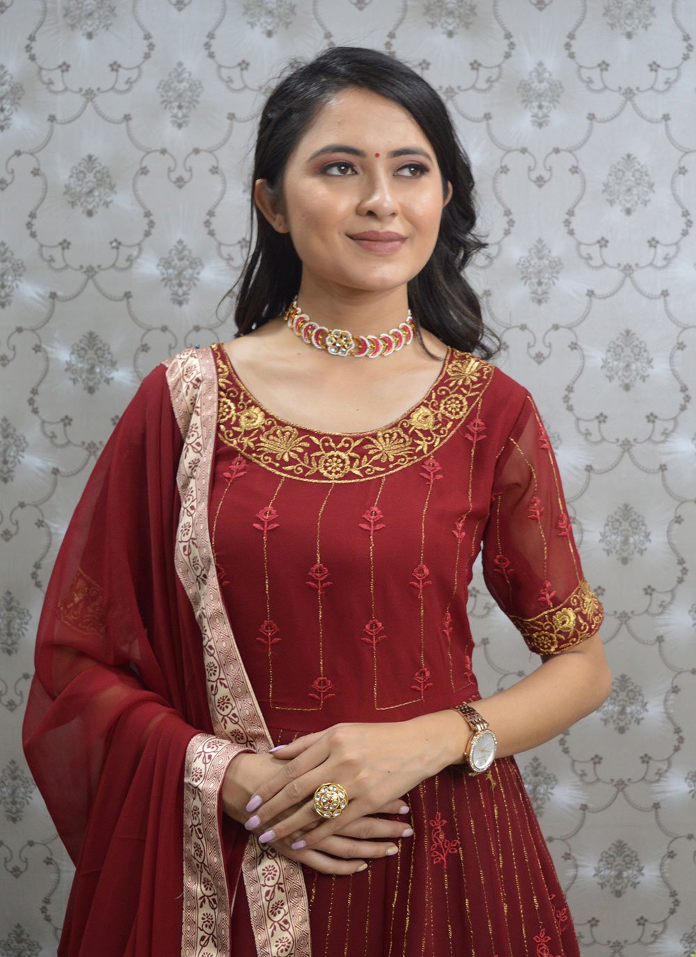 Gown Georgette Maroon Embroidered Gown