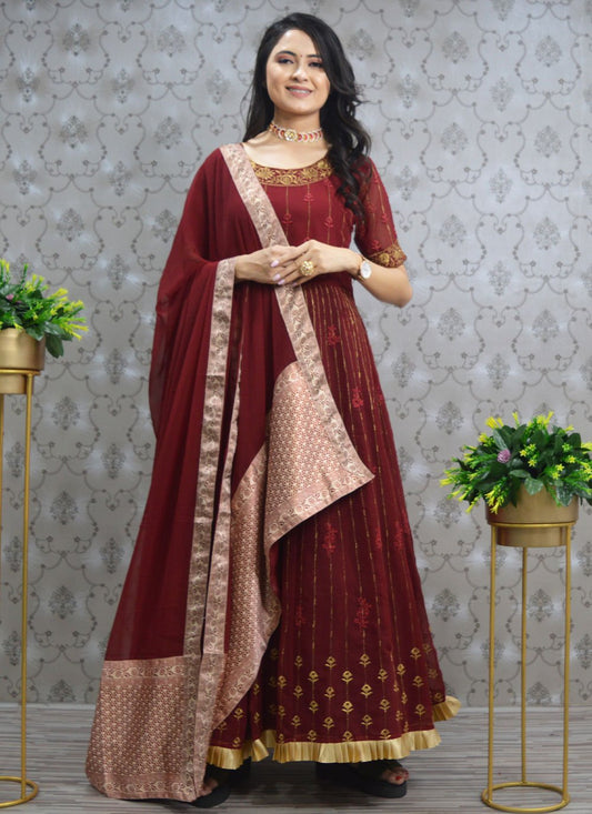 Gown Georgette Maroon Embroidered Gown