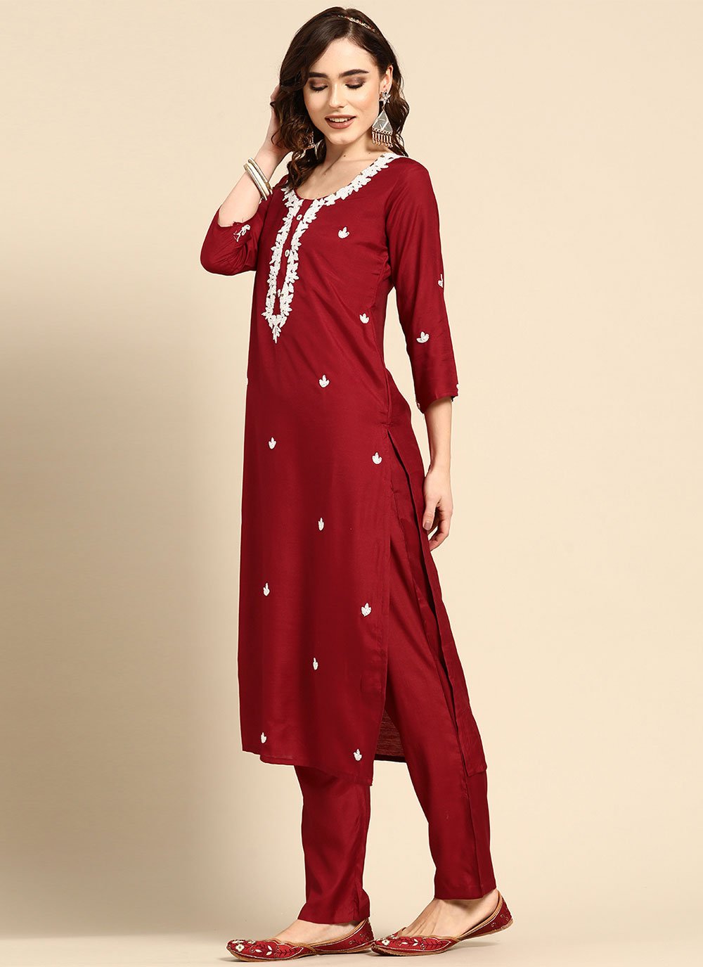 Salwar Suit Muslin Maroon Embroidered Salwar Kameez