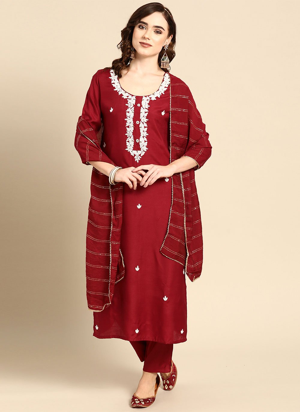 Salwar Suit Muslin Maroon Embroidered Salwar Kameez