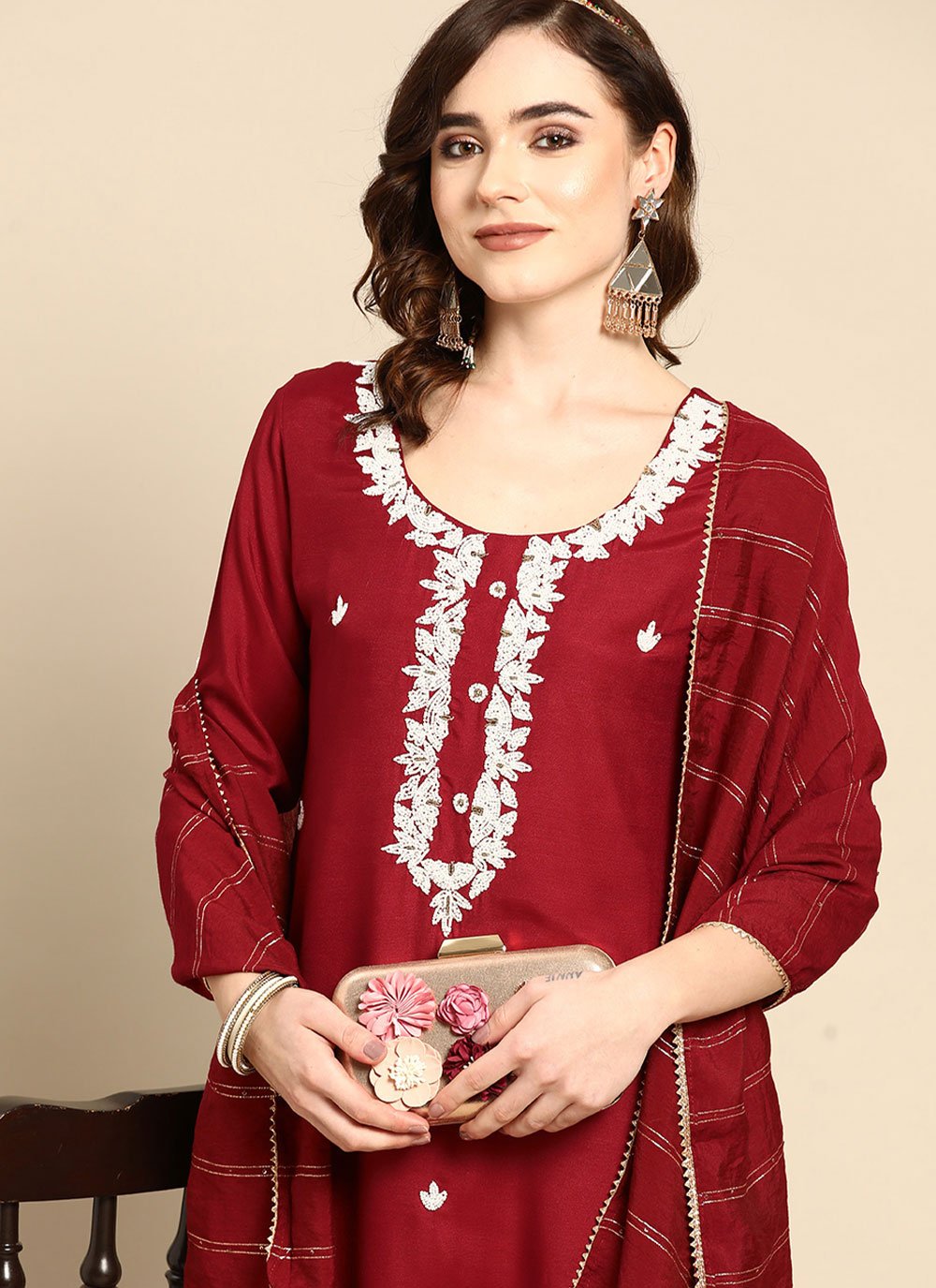 Salwar Suit Muslin Maroon Embroidered Salwar Kameez