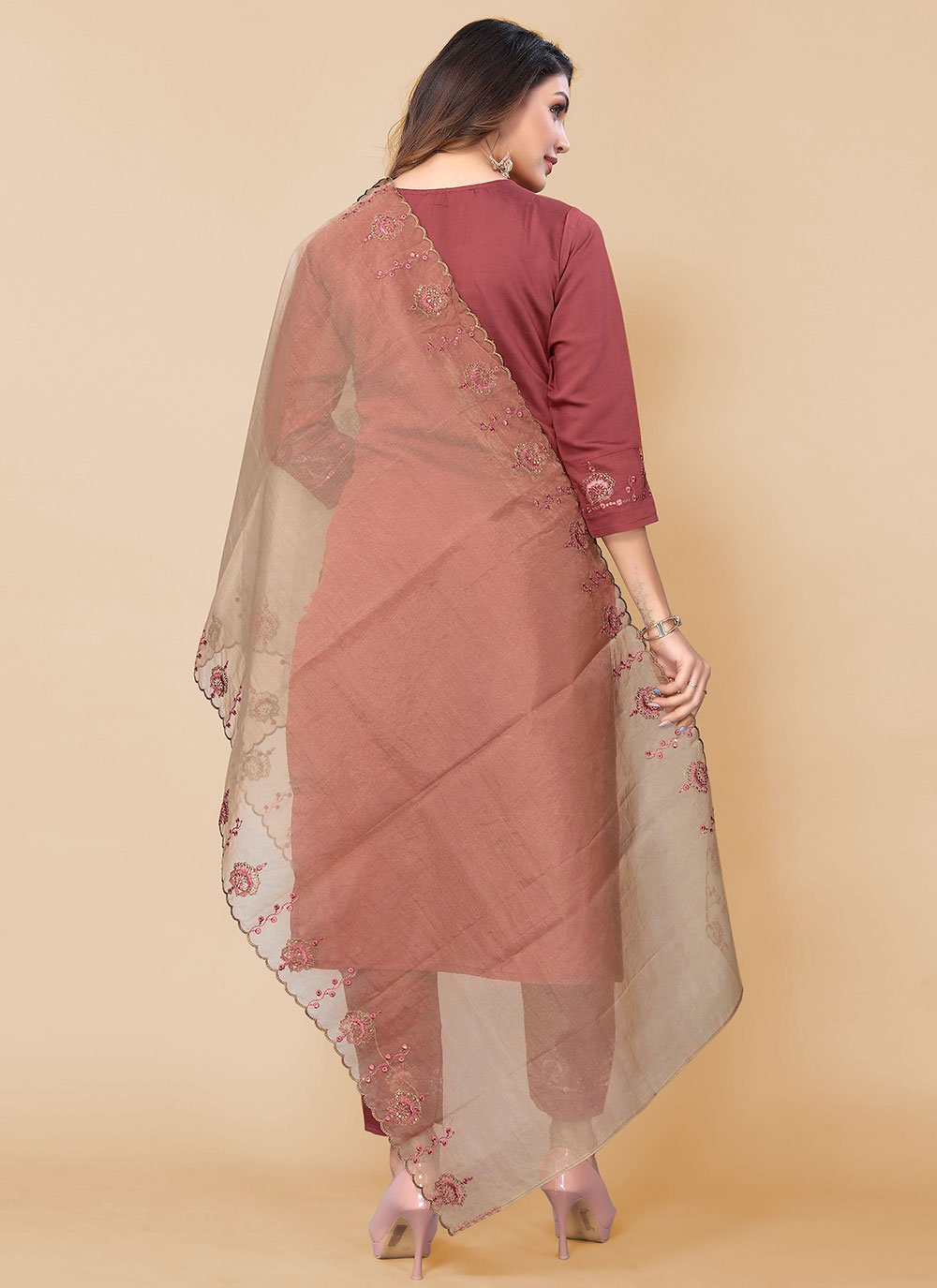 Salwar Suit Chinon Maroon Embroidered Salwar Kameez