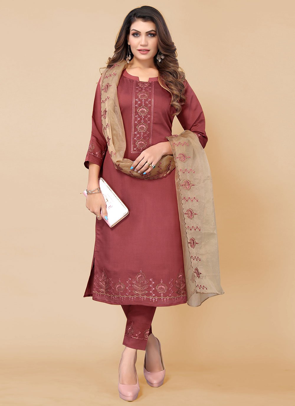 Salwar Suit Chinon Maroon Embroidered Salwar Kameez