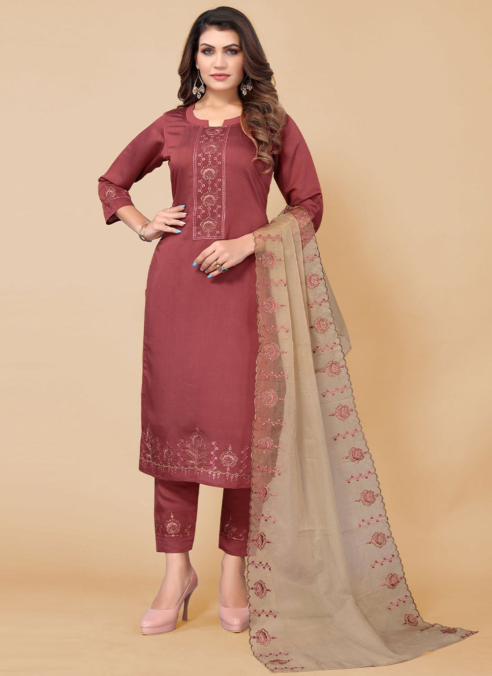 Salwar Suit Chinon Maroon Embroidered Salwar Kameez