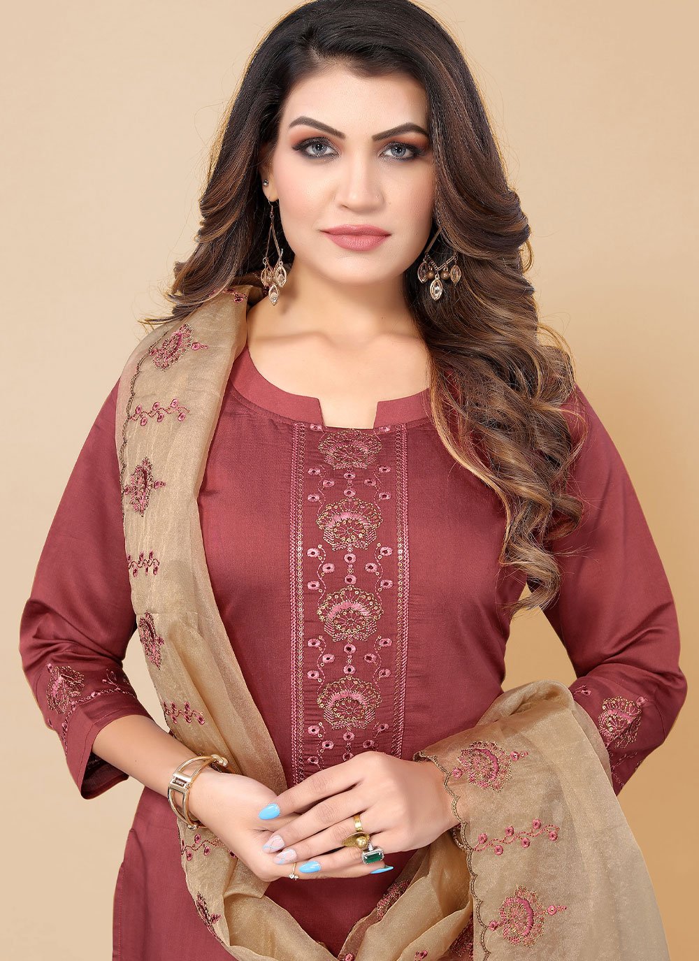 Salwar Suit Chinon Maroon Embroidered Salwar Kameez