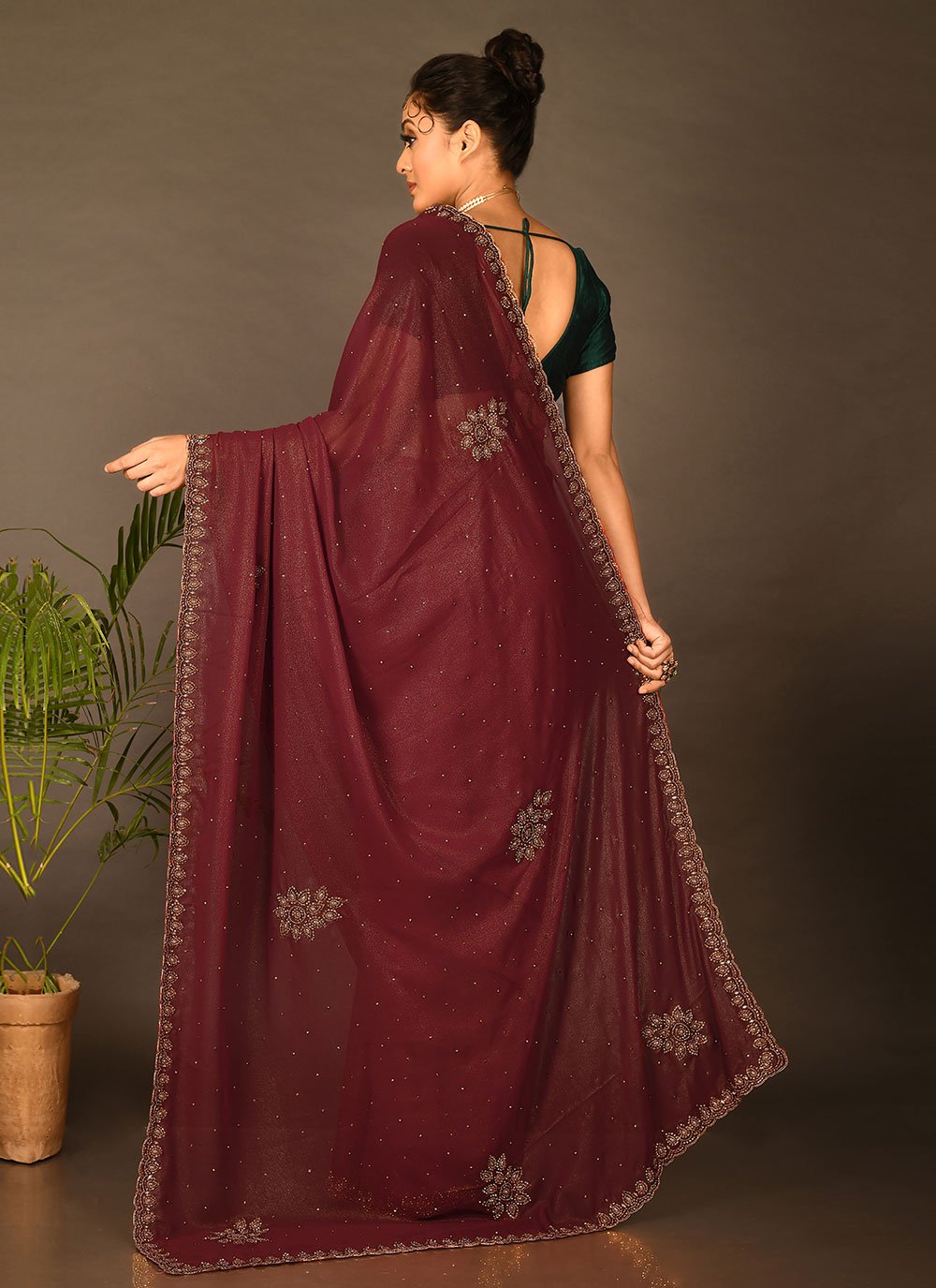 Contemporary Shimmer Maroon Embroidered Saree