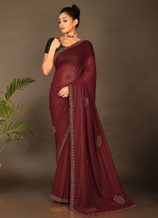 Contemporary Shimmer Maroon Embroidered Saree