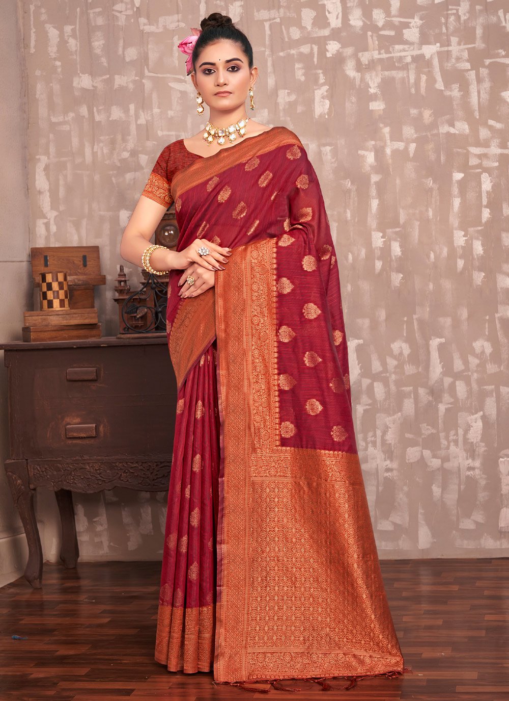 Traditional Saree Cotton Silk Maroon Embroidered Saree