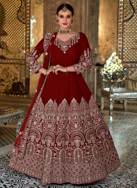 Salwar Suit Velvet Maroon Embroidered Salwar Kameez