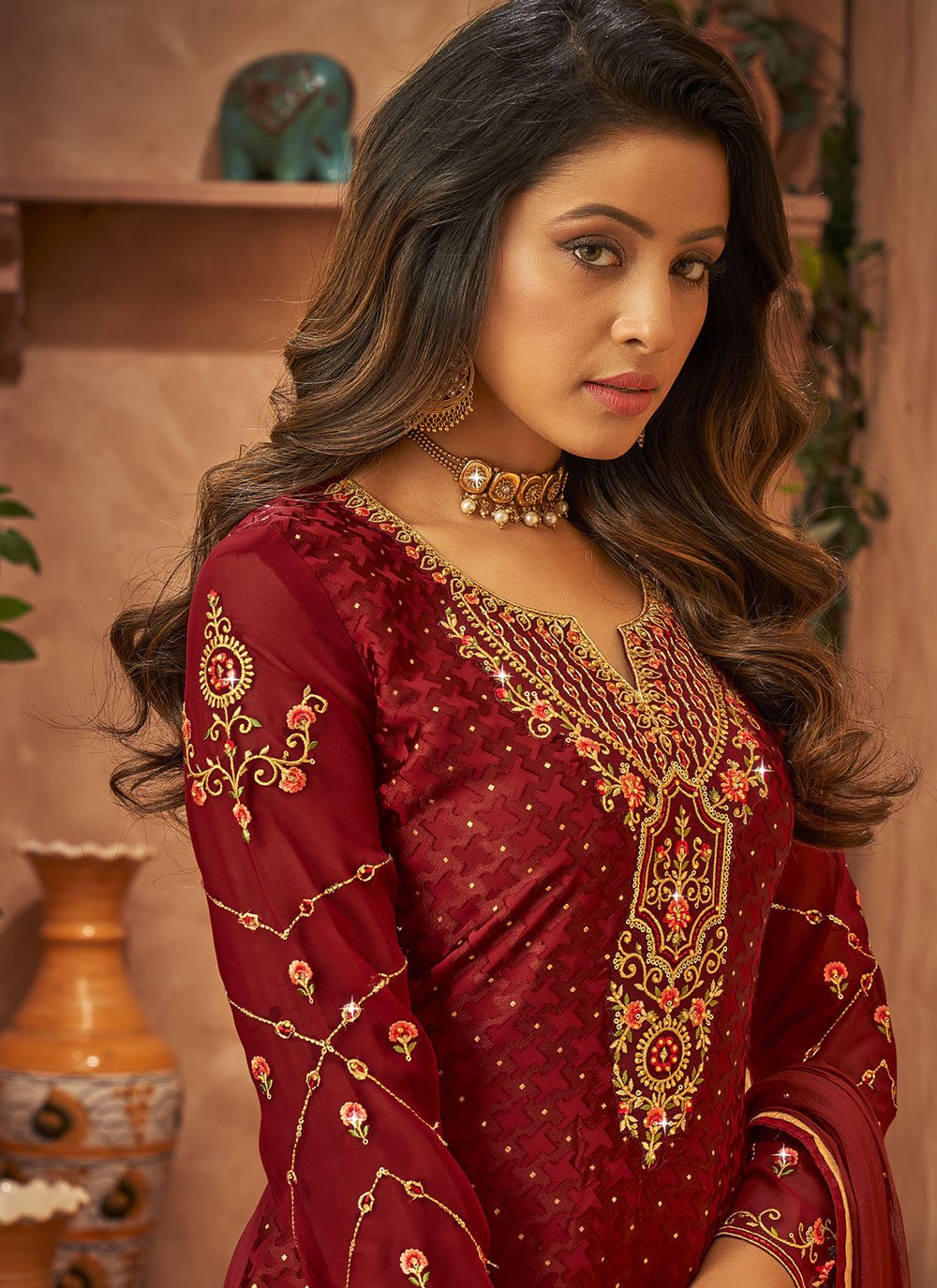 Trendy Suit Brasso Maroon Diamond Salwar Kameez