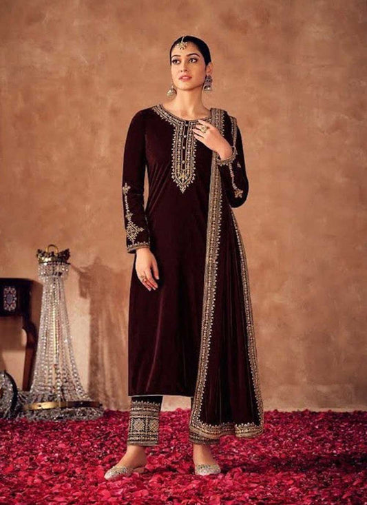 Pant Style Suit Velvet Maroon Embroidered Salwar Kameez