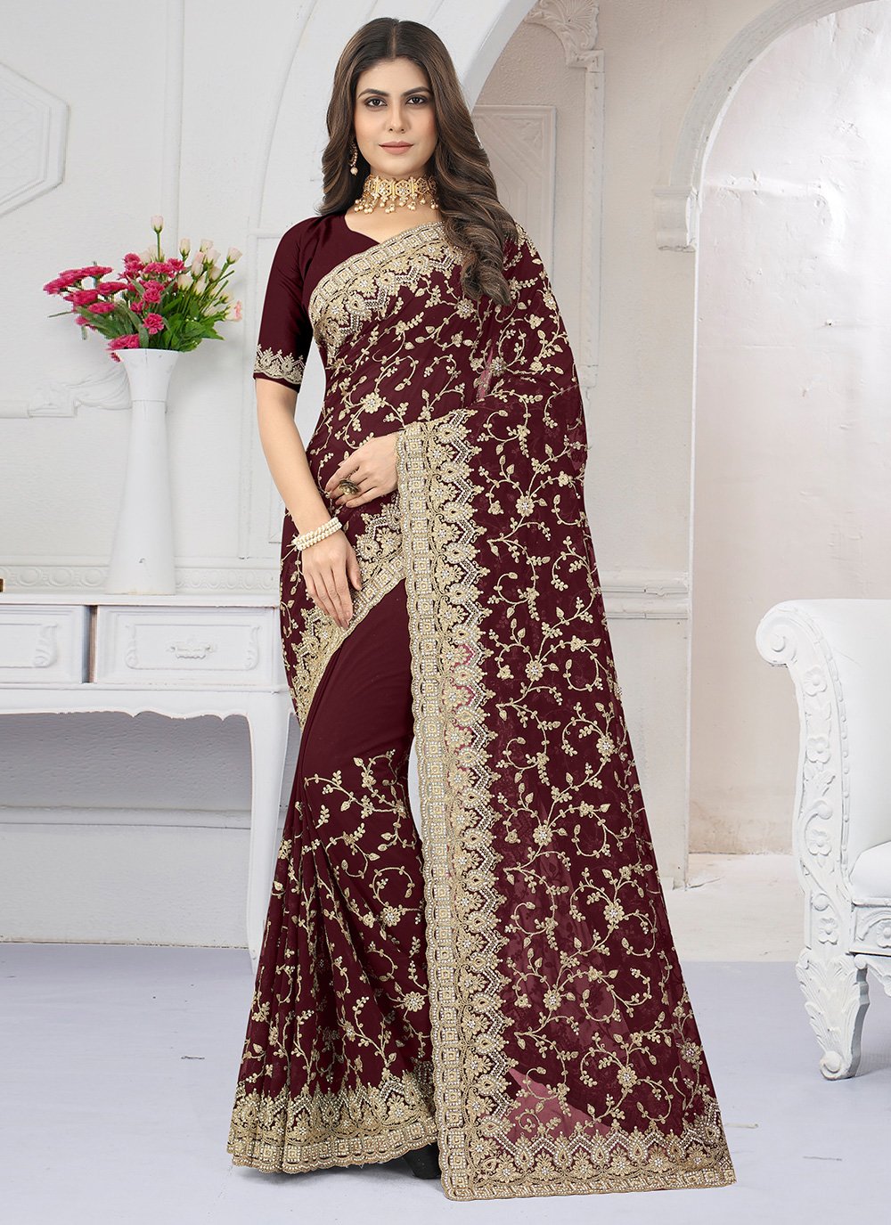 Designer Georgette Maroon Embroidered Saree