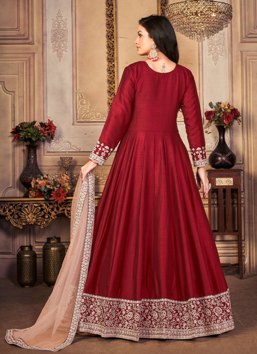 Anarkali Suit Art Silk Maroon Embroidered Salwar Kameez