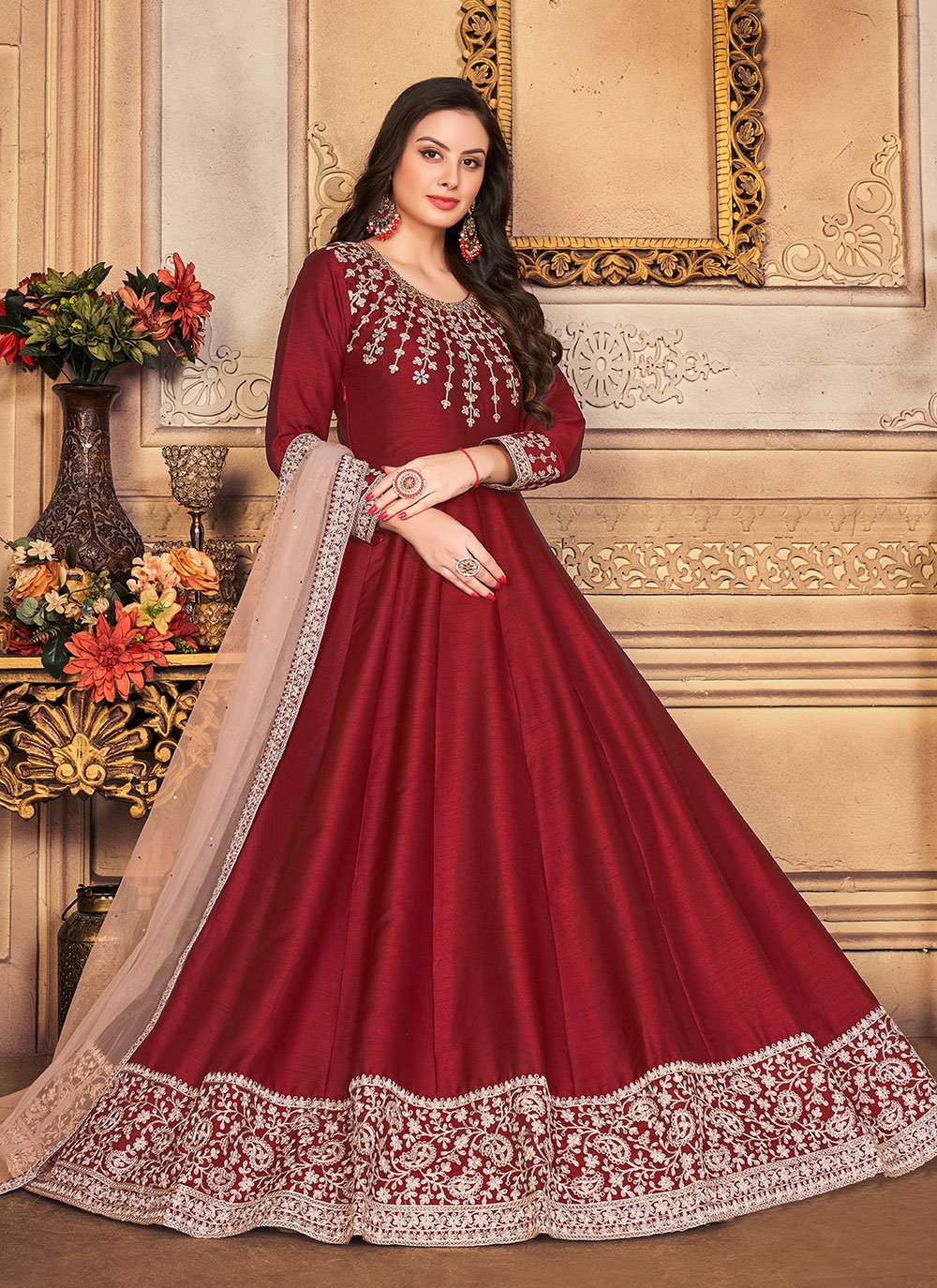 Anarkali Suit Art Silk Maroon Embroidered Salwar Kameez