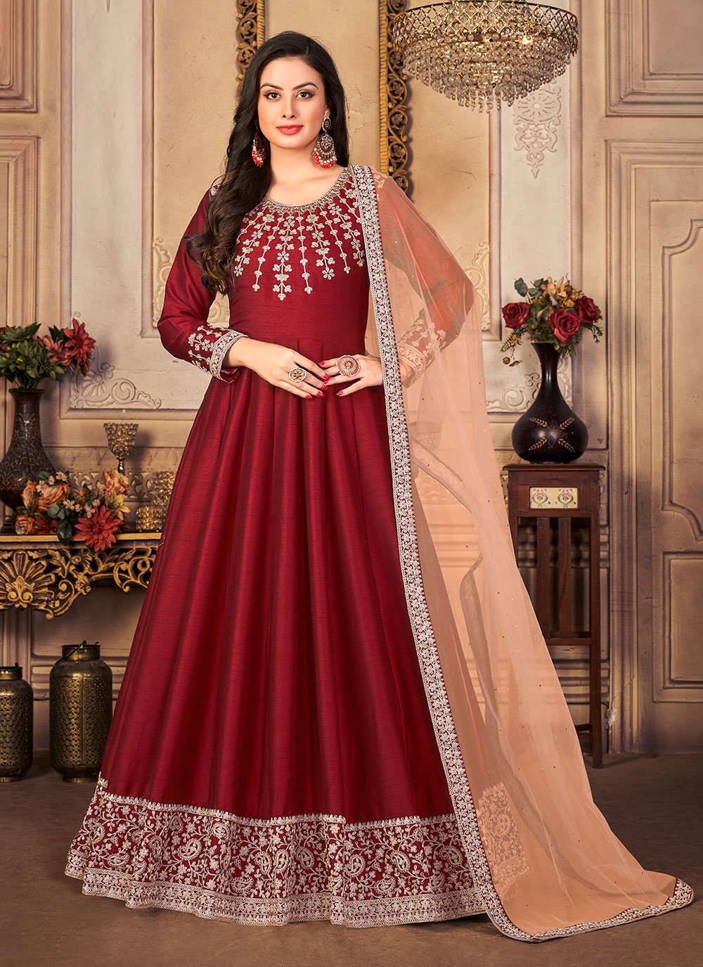 Anarkali Suit Art Silk Maroon Embroidered Salwar Kameez