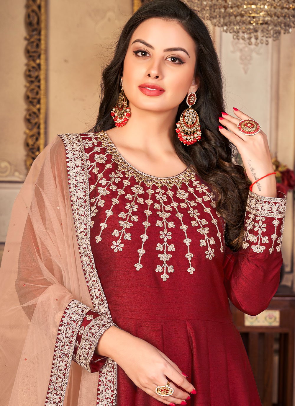 Anarkali Suit Art Silk Maroon Embroidered Salwar Kameez