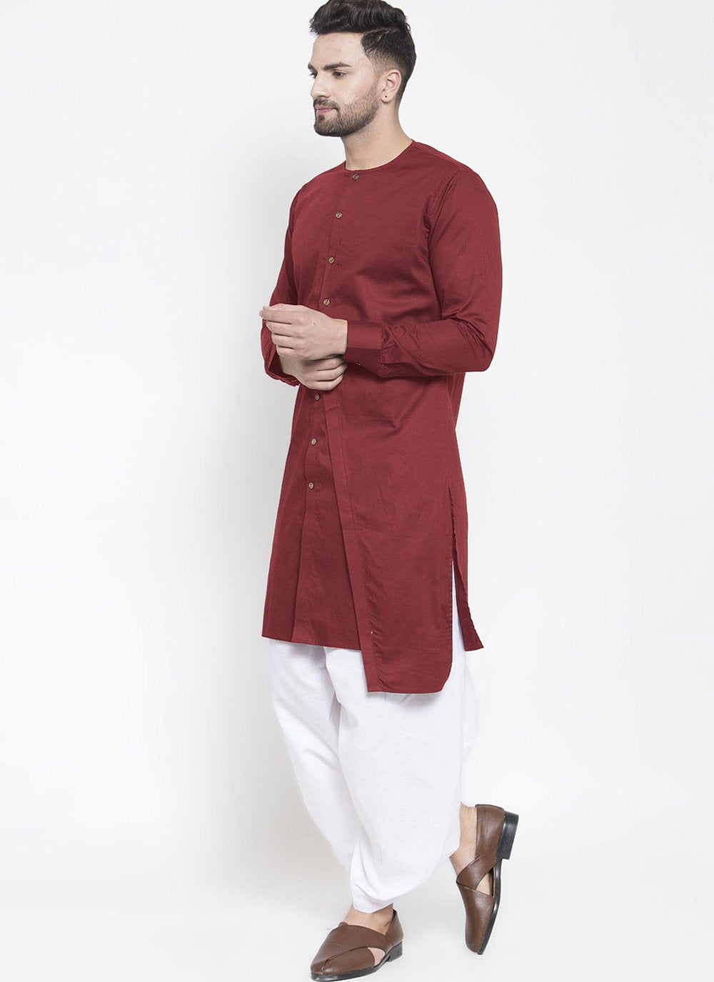 Dhoti Kurta Blended Cotton Maroon Plain Mens