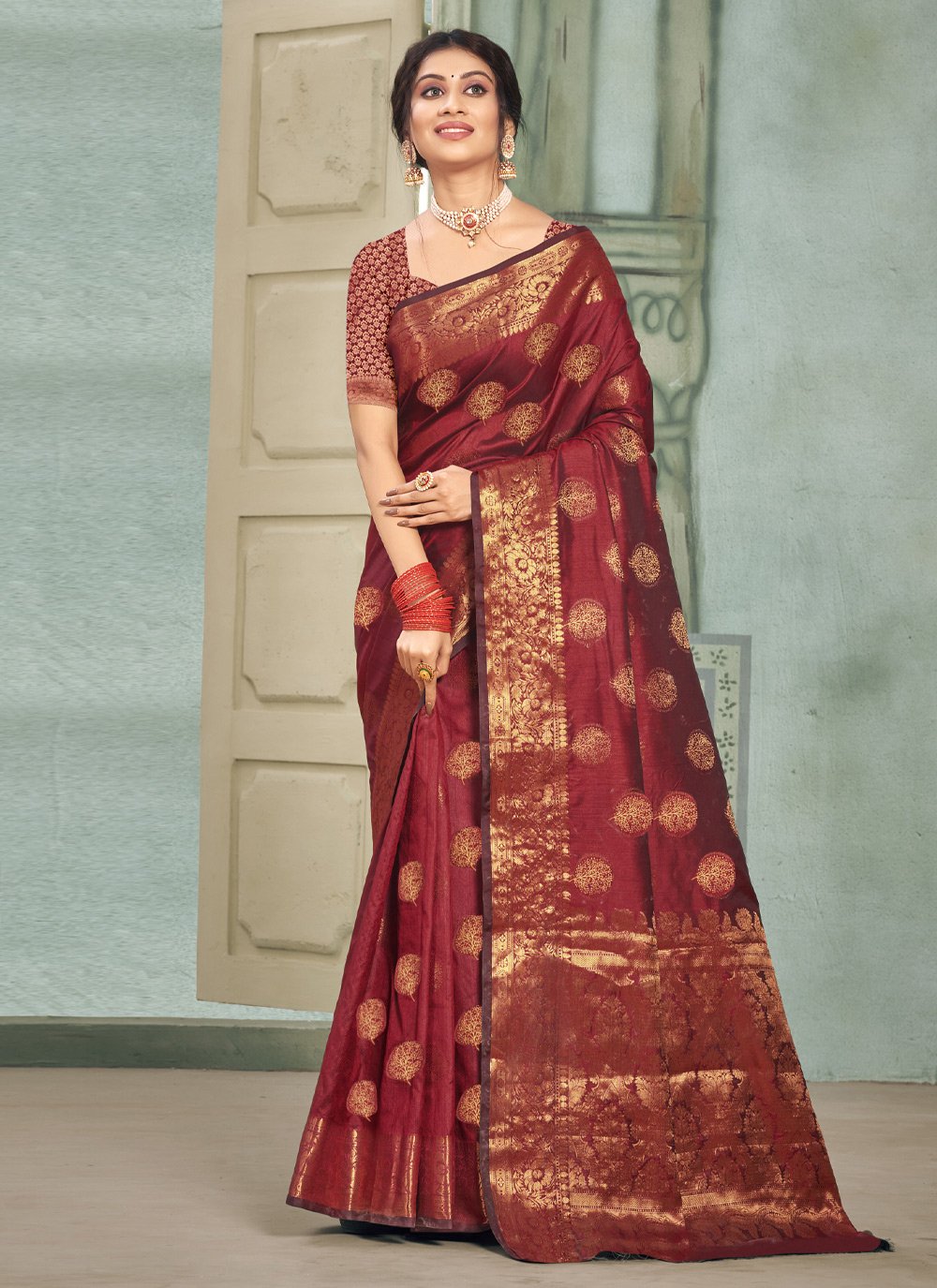 Traditional Saree Cotton Silk Maroon Fancy Work Saree