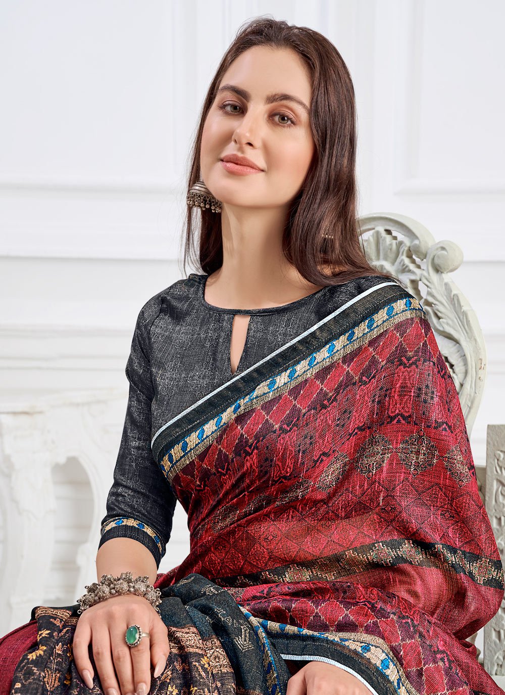 Contemporary Faux Crepe Maroon Digital Print Saree