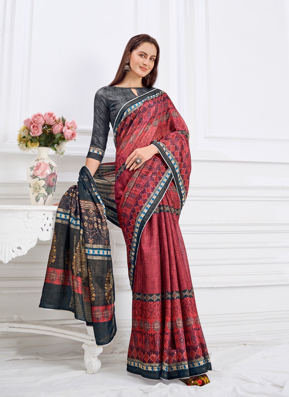 Contemporary Faux Crepe Maroon Digital Print Saree