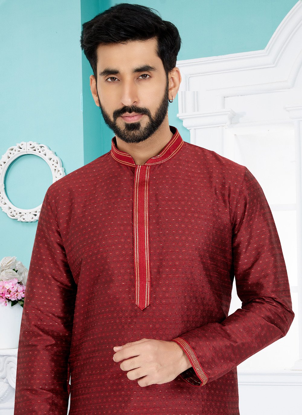 Kurta Pyjama Cotton Jacquard Maroon Jacquard Work Mens