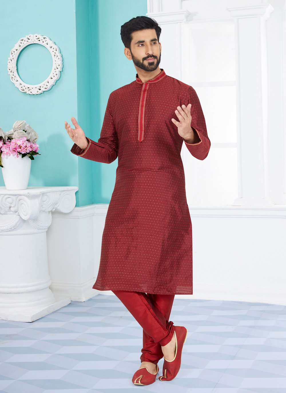 Kurta Pyjama Cotton Jacquard Maroon Jacquard Work Mens