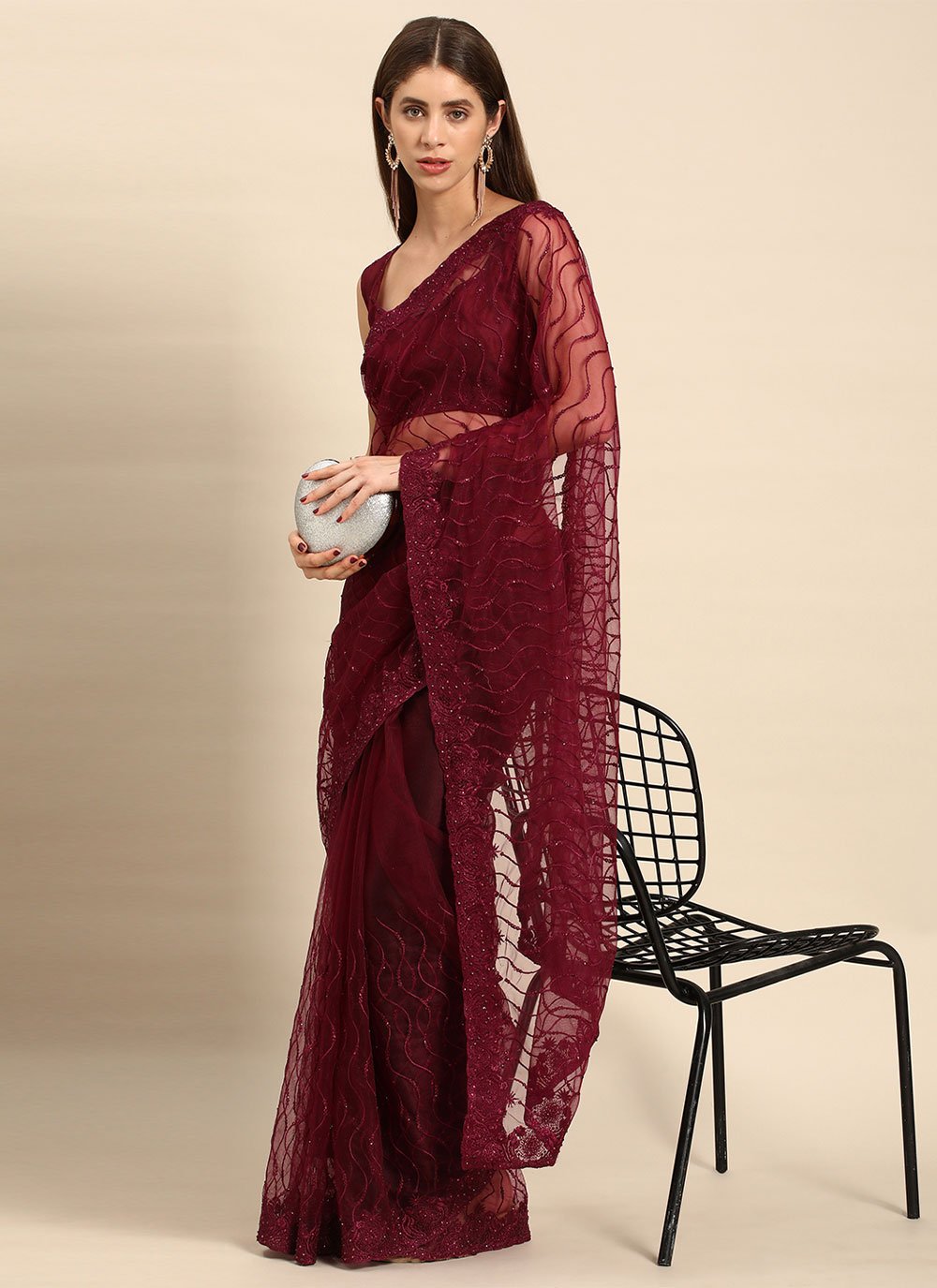 Classic Net Maroon Embroidered Saree