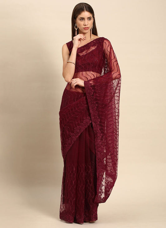 Classic Net Maroon Embroidered Saree