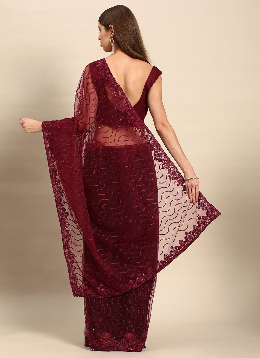 Classic Net Maroon Embroidered Saree