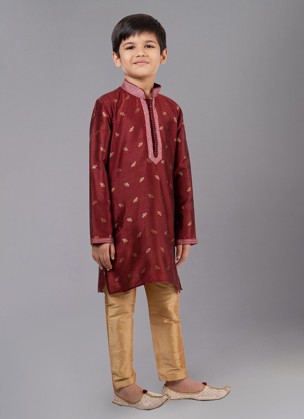 Kurta Pyjama Dupion Silk Jacquard Maroon Fancy Work Kids