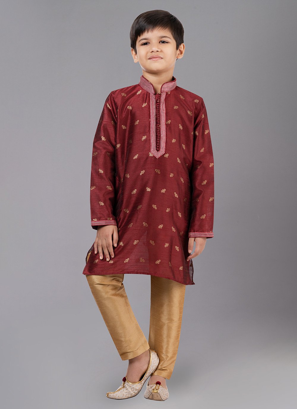 Kurta Pyjama Dupion Silk Jacquard Maroon Fancy Work Kids