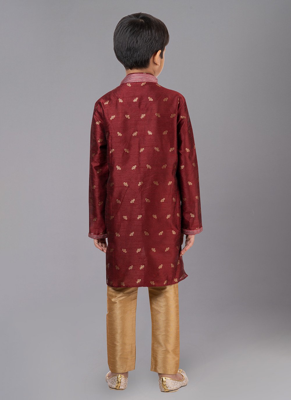 Kurta Pyjama Dupion Silk Jacquard Maroon Fancy Work Kids