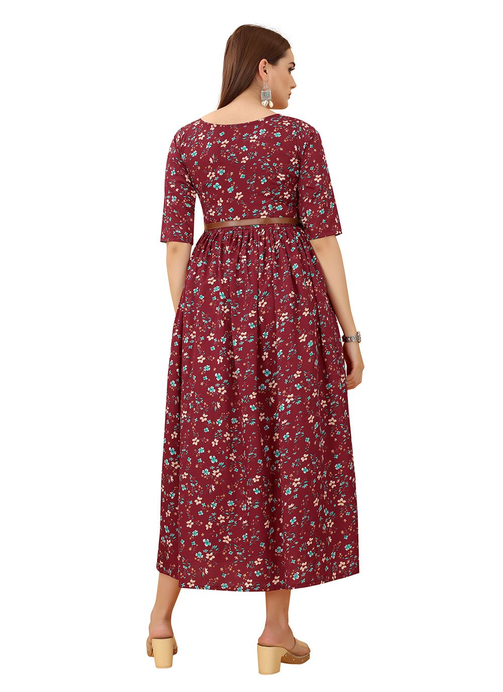 Gown Faux Crepe Maroon Print Gown