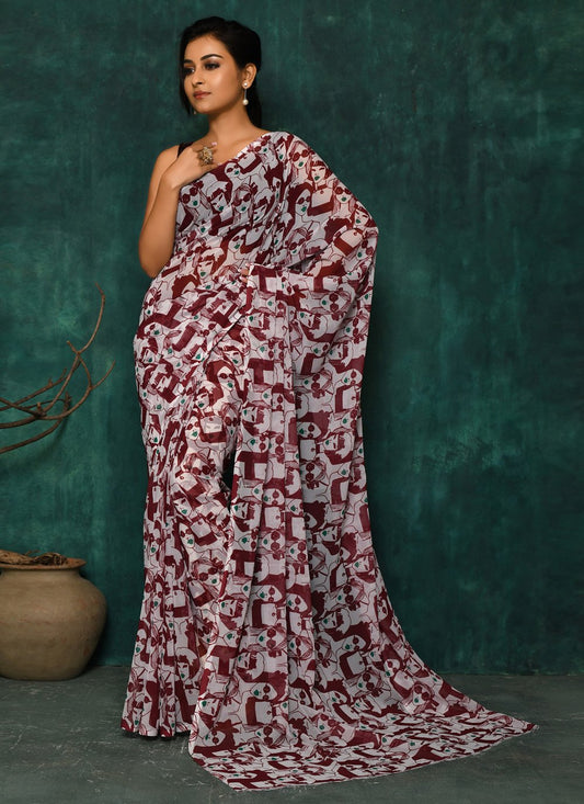 Designer Faux Georgette Maroon Digital Print Saree