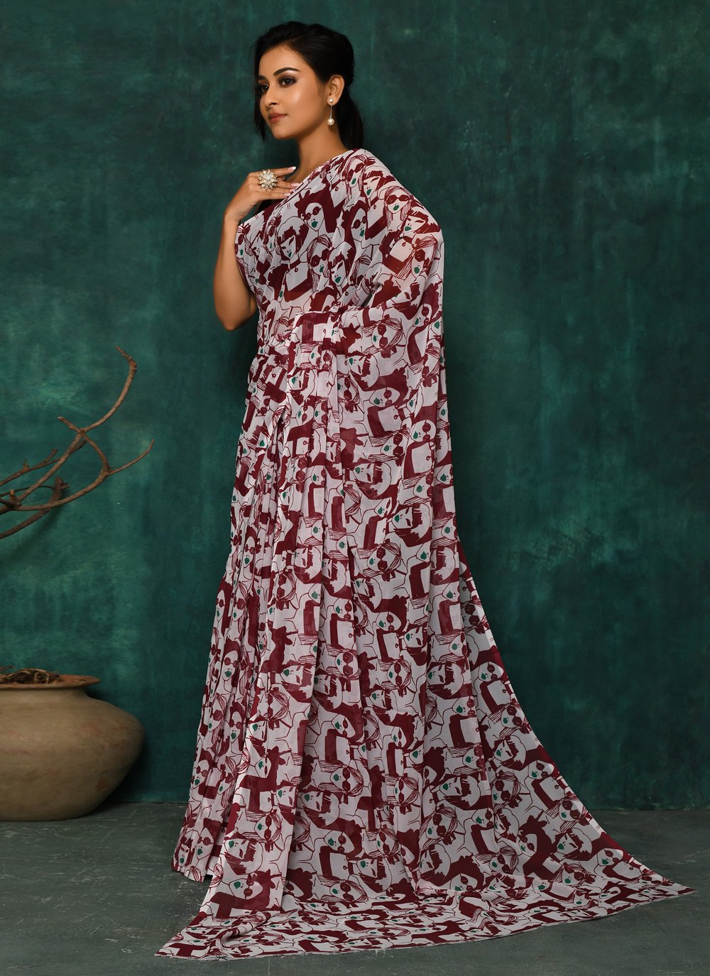 Designer Faux Georgette Maroon Digital Print Saree